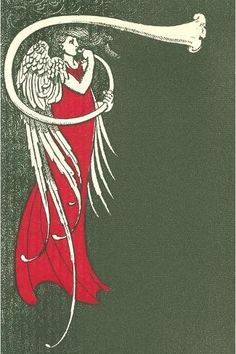 a woman in a red dress is holding a large object with long hair and an angel on it