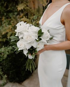 Wedding Bouquet Classic Timeless All White Roses Long Stemmed MWL Dress Creative Floral Design, Small Bridal Bouquets, Middleton Lodge, White Flower Bouquet