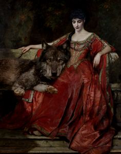 a painting of a woman sitting on a bench next to a dog and wearing a red dress