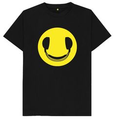 DJ Smiley Headphones T Shirt Black Smiley Face Crew Neck T-shirt, Black Crew Neck T-shirt With Smiley Face, Black Smiley Face Crew Neck Top, Black Crew Neck Top With Smiley Face, Tony Jones, Funny Joke Gifts, Funny Prints, Mens T Shirts, Mom Humor