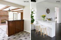 before and after photos of a kitchen island with stools in the foreground, then on the right