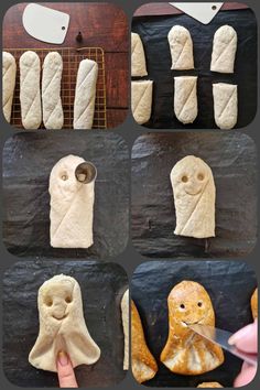 the process of making bread shaped like ghostes is shown in four different stages, including cutting