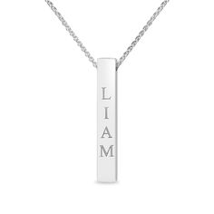 Express your stylish self with a one-of-a-kind fashion accessory - this personalized and engravable vertical bar pendant in sterling silver. Crafted in sterling silver This brushed vertical bar features your name or a meaningful message - up to 20 characters in length - expertly etched using the latest technology. The pendant suspends along a 22.0-inch Spiga chain that secures with a lobster claw clasp. Silver Engraved Rectangular Bar Necklace, Engraved Silver Rectangular Bar Necklace, Classic Silver Bar Necklace, Minimalist Silver Engraved Bar Necklace, Minimalist Engraved Silver Bar Necklace, Silver Rectangular Bar Necklace With Name, Classic Sterling Silver Bar Necklace, Silver Rectangular Bar Necklace For Personalized Gift, Silver Rectangular Pendant Bar Necklace For Personalized Gift