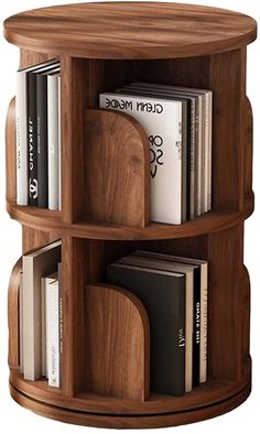 a wooden shelf with books and magazines on it's sides, in the shape of a circle