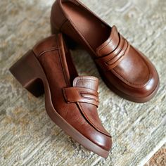 These loafers are designed in a timeless, minimal silhouette, so you'll be sure to wear them often. Made from soft leather, soft bottom that ensure all-day comfort. Wear yours with tailoring and denim alike. Color: Brown/BlackMaterial: CowhideLining: Genuine LeatherInsole: Genuine LeatherSole: RubberHeels: 5cm/1.97"Fit: Medium to Wide, Runs Normal.Origin: Made in China Production Time: About 3-5days (Any exceptional case will email you, Please pay attention to your email left) Shipping Time: Fre Leather Low Heel Loafers For Office, Leather Platform Loafers With Brogue Detailing For Fall, Leather Platform Loafers For Business With Round Toe, Business Platform Loafers With Almond Toe, Fall Leather Platform Loafers With Leather Footbed, Slip-on Leather Platform Loafers For Business Casual, Leather Slip-on Platform Loafers Business Casual, Leather Slip-on Platform Loafers For Business Casual, Brown Leather Platform Loafers For Office