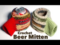 two crochet beer cozyies sitting next to each other with the words crochet beer mitten on it