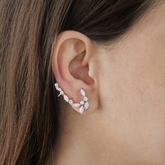 Real H Color SI Clarity Diamond Climber Earrings 18k White Solid Gold 2.90 Ct. White Gold Ear Climbers With Matching Earrings, White Gold Cubic Zirconia Ear Climbers, Diamond Earrings For Women, White Gold Diamond Earrings, Ear Climbers Earrings, Jewelry Elegant, Cvd Diamond, Handmade Earring, Climber Earrings