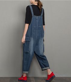 Denim Casual Spring Denim Overall Women Jumpsuits Casual Dark Wash Denim Jumpsuit With Side Pockets, Casual Relaxed Fit Denim Jumpsuit With Side Pockets, Dark Wash Wide Leg Overalls With Pockets, Wide Leg Dark Wash Overalls With Pockets, Casual Solid Color Cotton Jeans, Casual Washed Denim Jumpsuit With Straight Leg, Denim Blue Wide Leg Jumpsuit, Casual Denim Blue Jean Overalls, Casual Straight Leg Light Wash Overalls