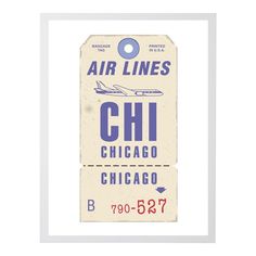 an air lines chicago luggage tag hanging from a white frame with the words, airline lines and chicago on it