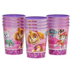 paw patrol plastic cups with purple rims and polka dot designs, set of 8