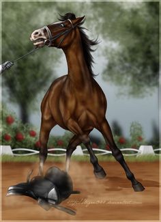 a horse that is standing on its hind legs in front of a ball and a glove