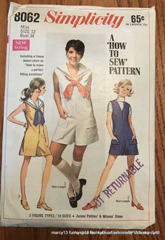 Vintage 1968 Simplicity Pantdress Culottes Romper Playsuit Pattern # 8062 Size 12 Cut & Complete w Ins. Bust 34" Women Top Sewing Pattern, Playsuit Pattern, Romper Sewing Pattern, Sailor Shorts, Vintage Sailor, Collar Jumpsuit, Sailor Style, Pattern Dress Women, Sailor Pants