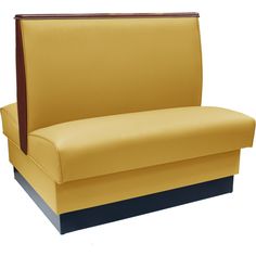 a yellow couch with a wooden armrest and brown trim on the back, against a white background