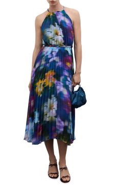 Bare shoulders and blurry blooms bring breezy flair to this pleated midi dress. Back keyhole with button-and-loop closure Jewel neck Sleeveless, with cutaway shoulders Removable belt Lined 100% polyester Machine wash, line dry Made in Turkey Chic Sleeveless Pleated Dress For Spring, Sleeveless Floral Print Midi Dress For Work, Sleeveless Midi Dress With Floral Print For Work, Elegant Floral Print Midi Pleated Dress, Spring Multicolor Pleated Skirt Dresses, Multicolor Pleated Sleeveless Midi Dress, Multicolor Spring Dress With Pleated Skirt, Spring Multicolor Pleated Dress, Multicolor Sleeveless Pleated Midi Dress