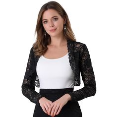 Opt for the delicate texture of lace with this elegant Lace shrug top from Allegra K. It's designed with floral lace and an open front design for a comfortable fit. Crafted from soft and knit fabric, This lace cardigan features feminine full sleeves, scalloped hem, perfectly covered up with sleeveless dresses for a wedding look. A must have in your clothing wardrobe, The lace bolero has long sleeves, semi-sheer lace, and finished with a cropped length and could be stretchy a bit. Occasion: Casua Black Lace Outerwear With Lace Trim, Black Lace Long Sleeve Outerwear, Lace Trim Long Sleeve Outerwear, Elegant Long Sleeve Lace Trim Cardigan, Elegant Long Sleeve Cardigan With Lace Trim, Long Sleeve Lace Shrug For Party, Party Outerwear With Lace Trim And Long Sleeves, Long Sleeve Outerwear With Lace Trim For Party, Long Sleeve Outerwear With Lace Sleeves For Fall