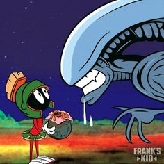 an alien eating a donut in front of a cartoon character with his mouth open