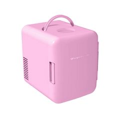 a pink lunch box with handle on the top and handles down, sitting in front of a white background