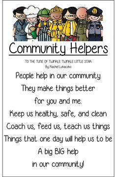 a poem written in front of a group of people with words below it that read community helpers