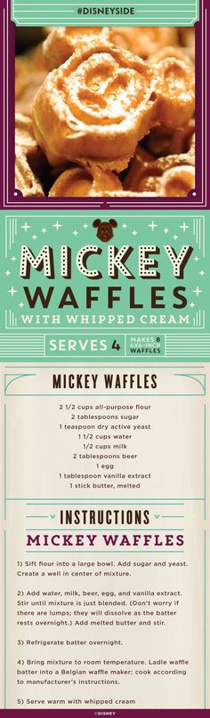 the menu for mickey's waffles is shown in purple and green colors