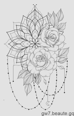 a black and white drawing of roses with leaves