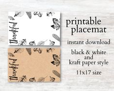 printable placemats with black and white leaves on them, one for each