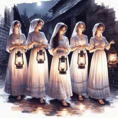 four women in white dresses holding lantern lights