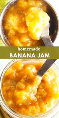 homemade banana jam in a glass jar with a spoon on top and the recipe below