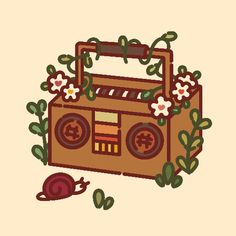 an old - fashioned boombox with flowers on the side and a snail crawling around it