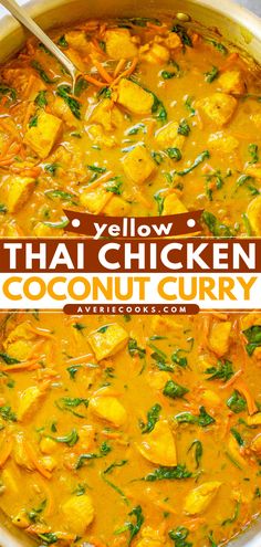 thai chicken coconut curry in a white bowl with the title text below that reads, yellow thai coconut curry