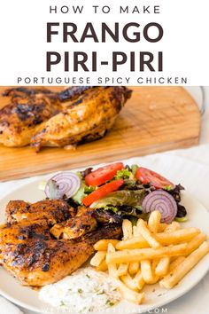 A photo of a roast chicken served with French fries and salad. Piri Piri Chicken Portuguese, Portuguese Piri Piri Chicken, Portuguese Chicken Marinade, Portuguese Spices, Chicken Piri Piri, Portuguese Meals, Portuguese Dinner, Fries And Salad