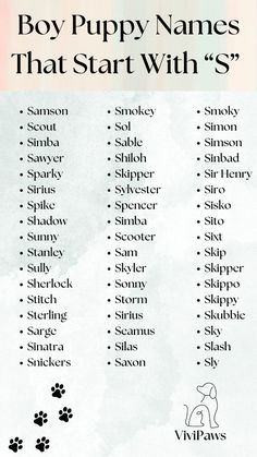 a poster with the words boy puppy names that start with s in black and white