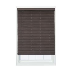 a dark brown window blind with horizontal blinds on the top and bottom, in front of a white wall