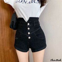 OliviaMark - Personalisierte Denim-Shorts mit hoher Taille und Knopfverschluss - dehnbar und modisch Female Fashion Casual, Short Trousers, Trousers White, Style Noir, Short Jeans, High Waisted Shorts Denim, Female Fashion, Black Denim Shorts, Black Shorts