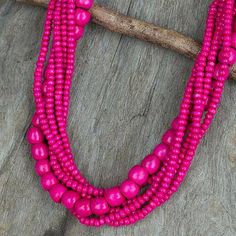 Wood beaded necklace, 'Tropical Dance' - Fair Trade Long #WoodBeaded Hot Pink #StrandNecklace #gifts #christmasgifts #holidaygifts #giftforher #giftformom #giftforwife #giftsforher Tropical Dance, Hot Pink Necklace, Hand Knotted Jewelry, Diy Tassel Necklace, Necklaces Pink, Pink Bead Necklace, Necklaces Long, Multicolor Necklace, Dance Necklace