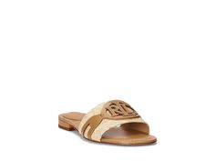 Lauren Ralph Lauren Alegra Raffia Leather Slide Sandal - Women's Sandals : Brown : Style a comfy look with these flat heel LAUREN Ralph Lauren Alegra Raffia Leather Slide Sandal, a must-have for your next getaway. It features a supple leather &amp,#8220,LRL&amp,#8221, logo with a braided raffia vamp. Slip-on styling offers a sense of ease, while a slight heel lends sophistication. Leather lining. Padded leather insole. Slip-on styling. Teardrop-cushioned heel with a foil-printed &amp,#8220,Laure Beige Leather Slippers For Vacation, Beige Leather Flats For The Beach, Beige Flat Sandals With Leather Footbed, Casual Adjustable Flat Mules, Adjustable Flat Casual Mules, Leather Flat Flip Flops, Comfortable Leather Flats For Vacation, Logo With A, Sandals Brown