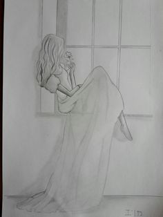 a pencil drawing of a woman sitting on a window sill looking out the window