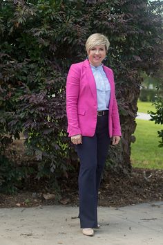 hot pink blazer outfit ideas with navy pants Blue Stripes Outfit, Pants Office Outfit, Hot Pink Blazer Outfit, Outfits For Women Over 60 Casual, Spring Outfits Work, Navy Blue Blazer Outfit, Yellow Blazer Outfit, Office Outfit For Women, Navy Pants Outfit