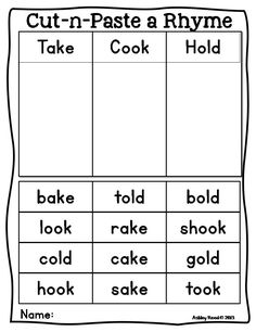 the cut - n - pastee and rhyme worksheet for kids