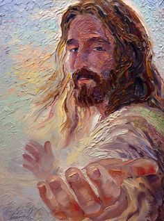 a painting of jesus holding his hands together