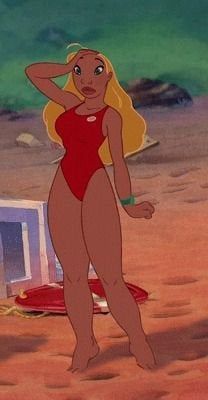 a woman in a red swimsuit standing on the beach next to a box and umbrella