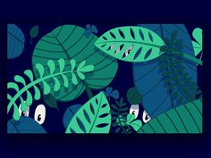 an illustration of green leaves and plants on a dark blue background with white eyes in the center