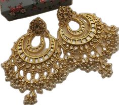 Gold Chandbali Earrings With Mirror Work, Gold Chandbalis With Mirror Work For Diwali, Gold Chandbalis With Mirror Work For Celebration, Festive Gold Chandbalis With Mirror Work, Gold Earrings With Mirror Work For Eid, Gold Kundan Chandbalis With Mirror Work, Indian Bridal Earrings, Jewelry Kundan, Jewelry Big