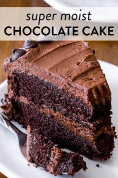 a slice of chocolate cake on a white plate