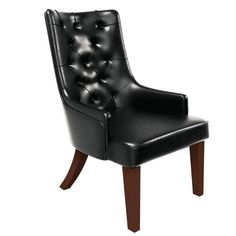 a black leather chair with wooden legs and buttoned backrests on an isolated white background