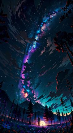 the night sky is filled with stars and colorful lights, as well as some trees