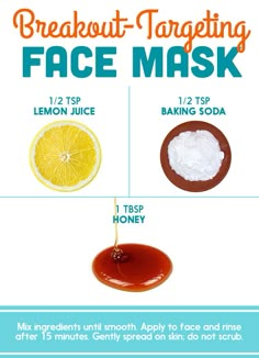 Honey + Lemon Juice + Baking Soda | Here’s What Dermatologists Said About Those DIY Pinterest Face Masks Baking Soda And Honey, Baking Soda Face Mask, Baking Soda Face, Acne Remedies, Unclog Pores, Honey Lemon, Diy Mask