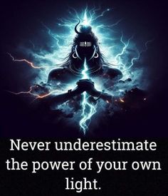 a buddha statue with lightning behind it and the words never underestimate the power of your own light