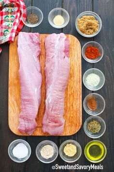 the ingredients to make this dish are laid out on a cutting board and ready to be cooked