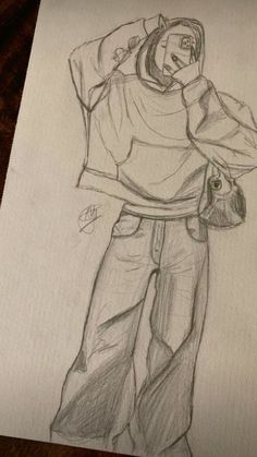 a pencil drawing of a man holding a handbag on top of a piece of paper