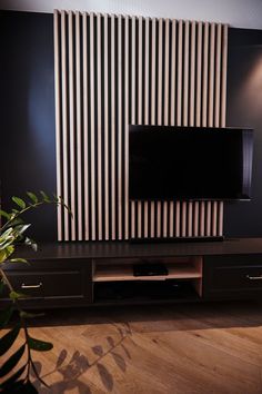 an entertainment center with a flat screen tv mounted on it's side, next to a potted plant